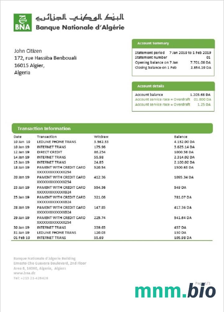 Algeria Banque extérieure d' Algérie wzór wyciągu bankowego in Excel and PDF format